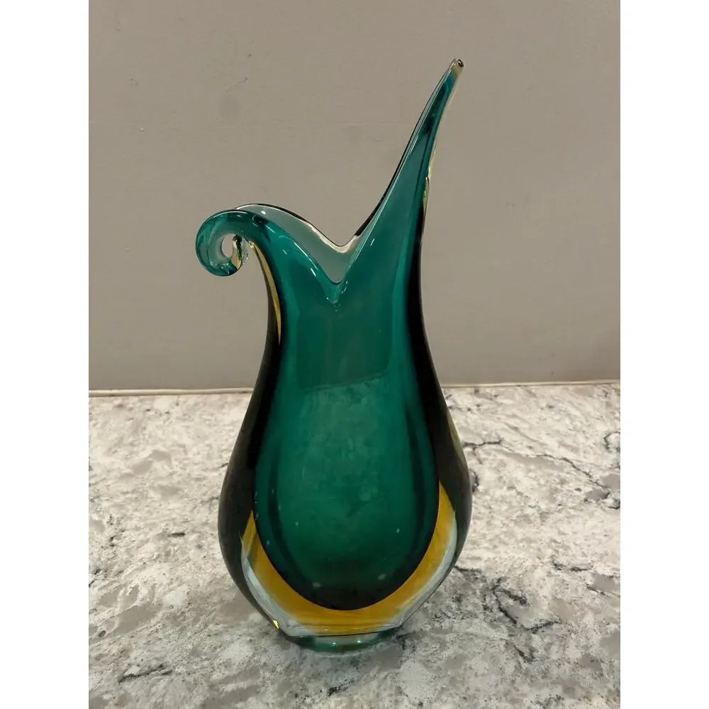 Murano Glass Vase Stunning Sommerso Technique Vibrant Teal and Amber